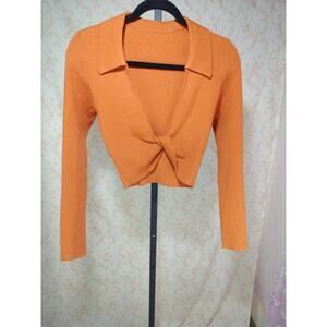 Women's Collared Deep Plunge Twist Crop Top Long Sleeve Sweater, Size Large